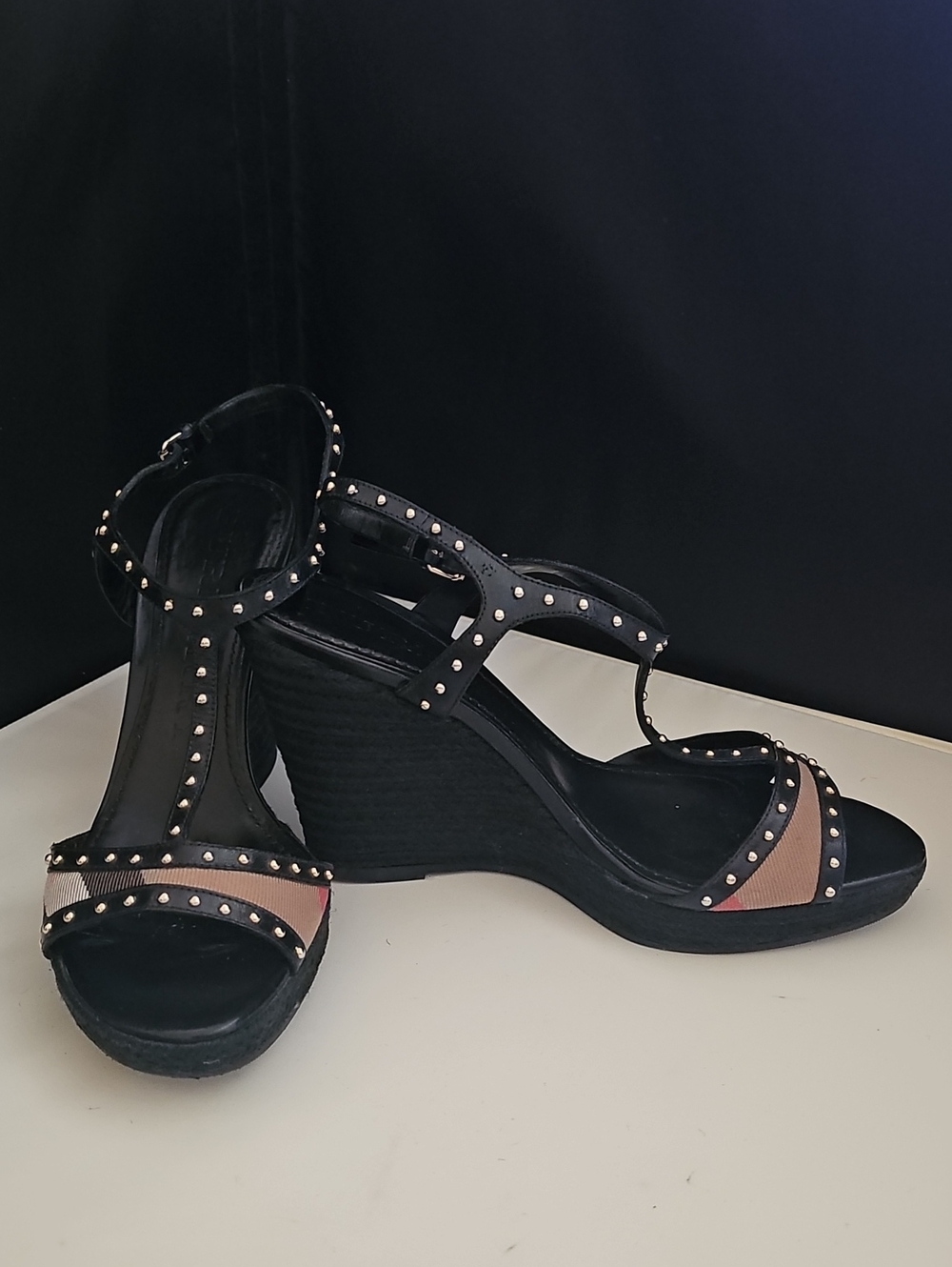 Burberry Check Studded Espadrille Wedge Sandals Black EU 39.5 Leather